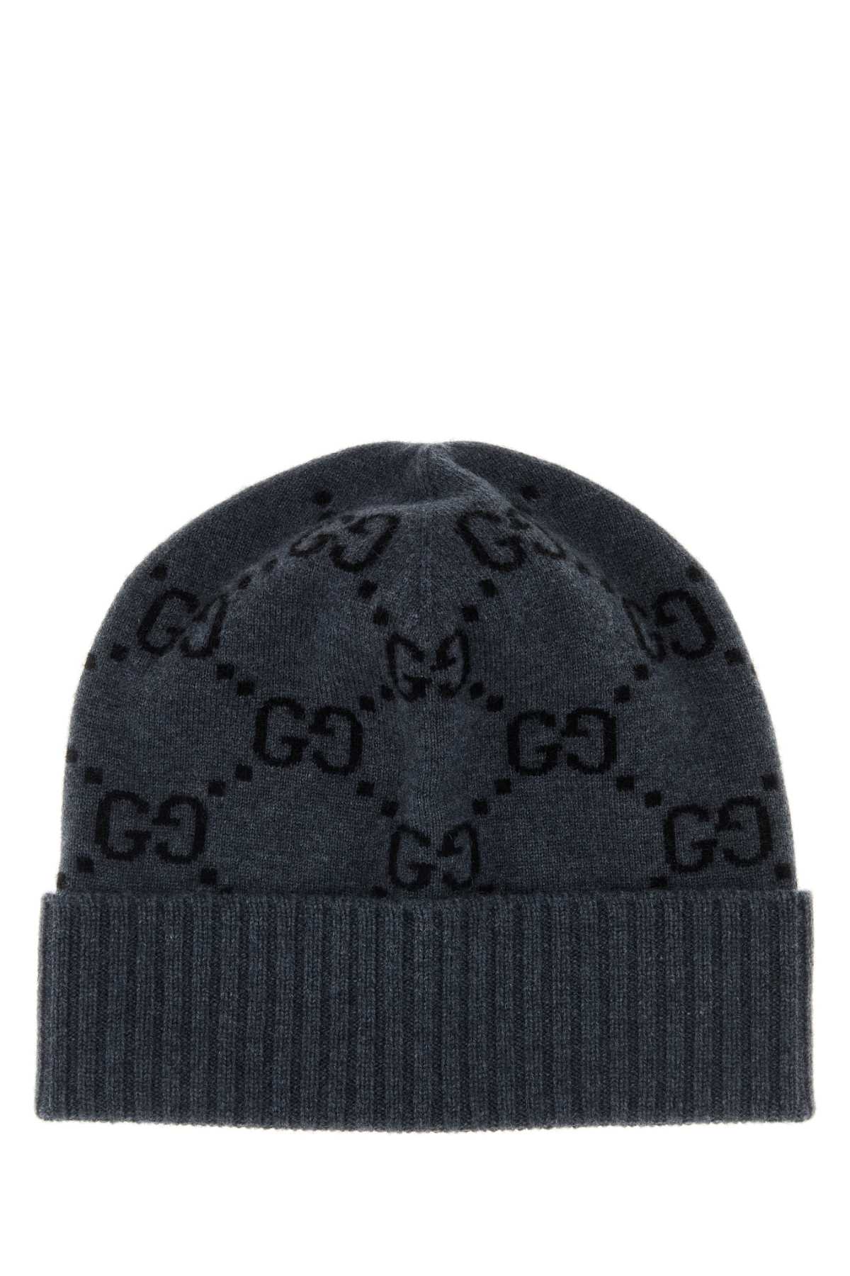 Gucci Hat Gg Embroidered Cashmere Beanie — Gray Exterior: Beanies