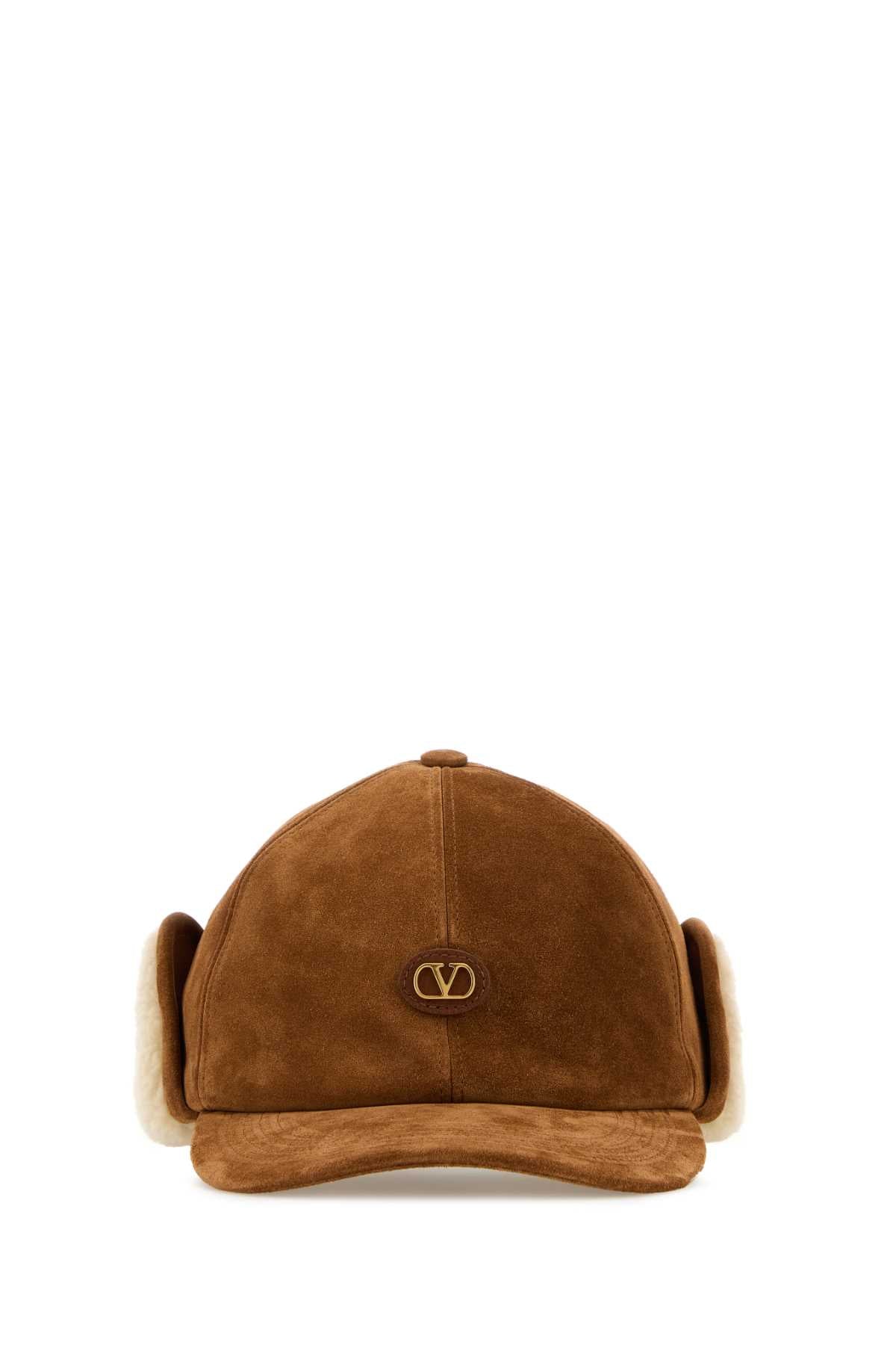 Valentino Garavani Baseball Suede With Ear Flaps Cap — Brown Caps