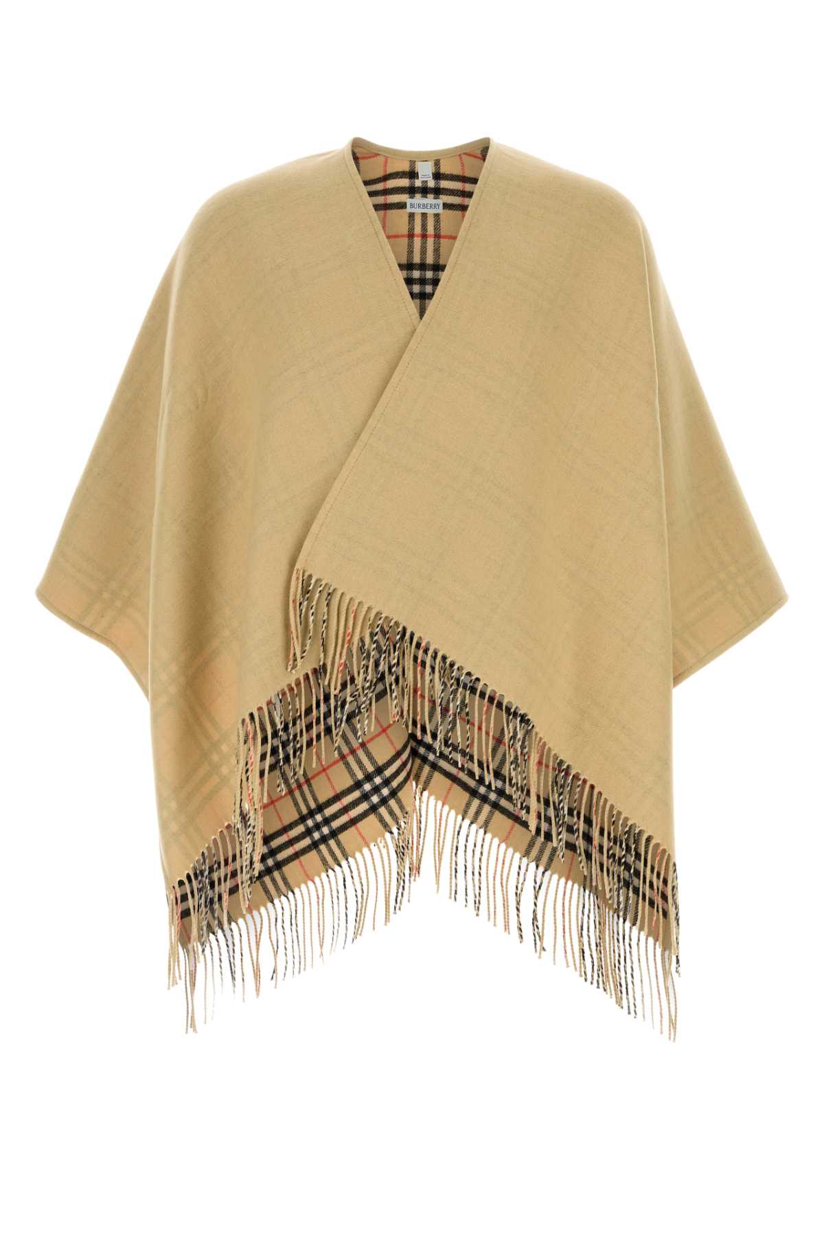 Burberry Wool With Fringe And Reversible Check Lining Shawl — Beige Exterior: Shawls