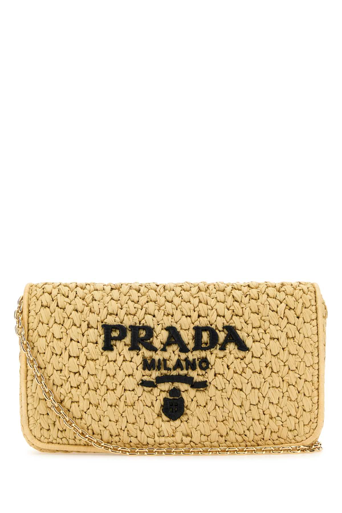Prada Raffia With Logo Embroidery Crossbody Bag — Beige