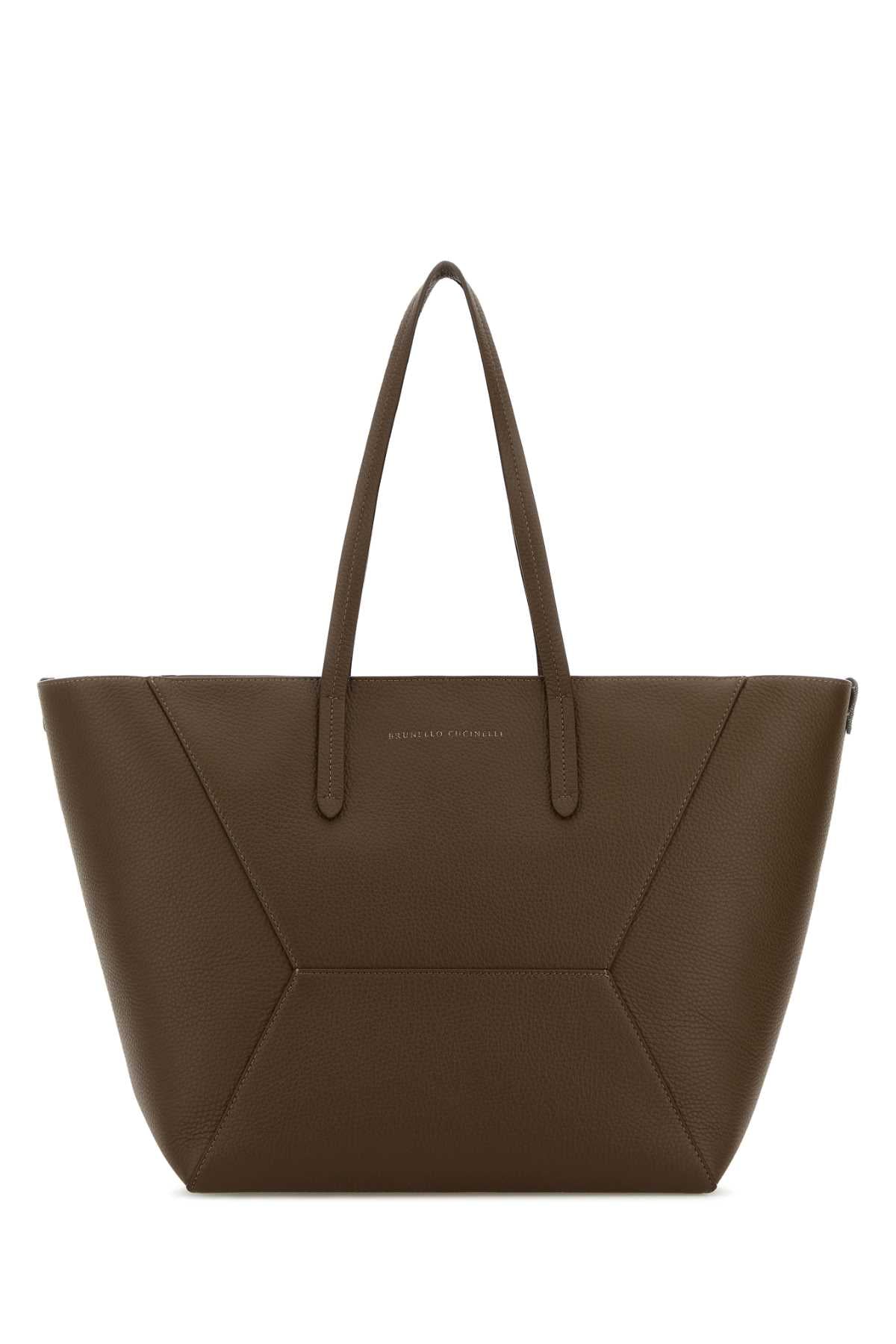 Brunello Cucinelli Sculptural Leather Tote Bag — Brown