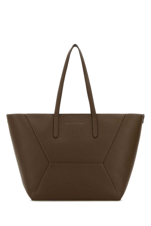 Brunello Cucinelli Sculptural Leather Tote Bag — Brown