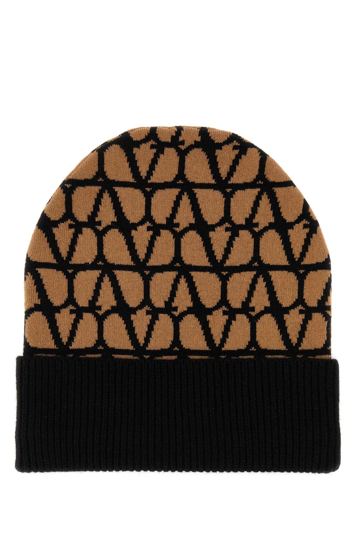 Valentino Garavani Cuffia Geometric-Jacquard Cashmere Beanie — Beige Exterior: Beanies