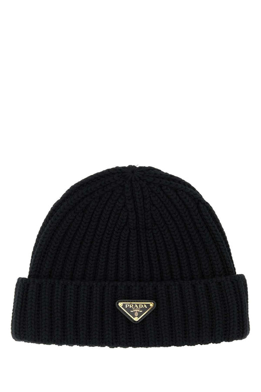 Prada Hat Virgin Wool Ribbed Beanie — Black Exterior: Beanies