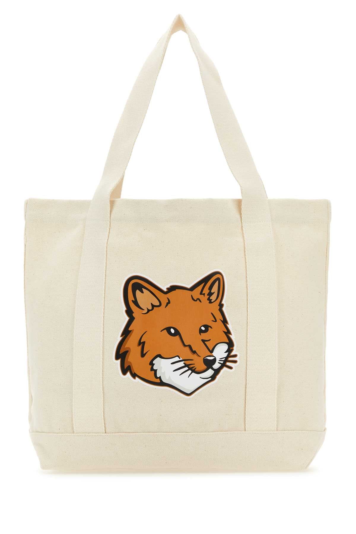 Maison Kitsuné Fox Head Embroidered Canvas Tote Bag — Beige Exterior = Cotton