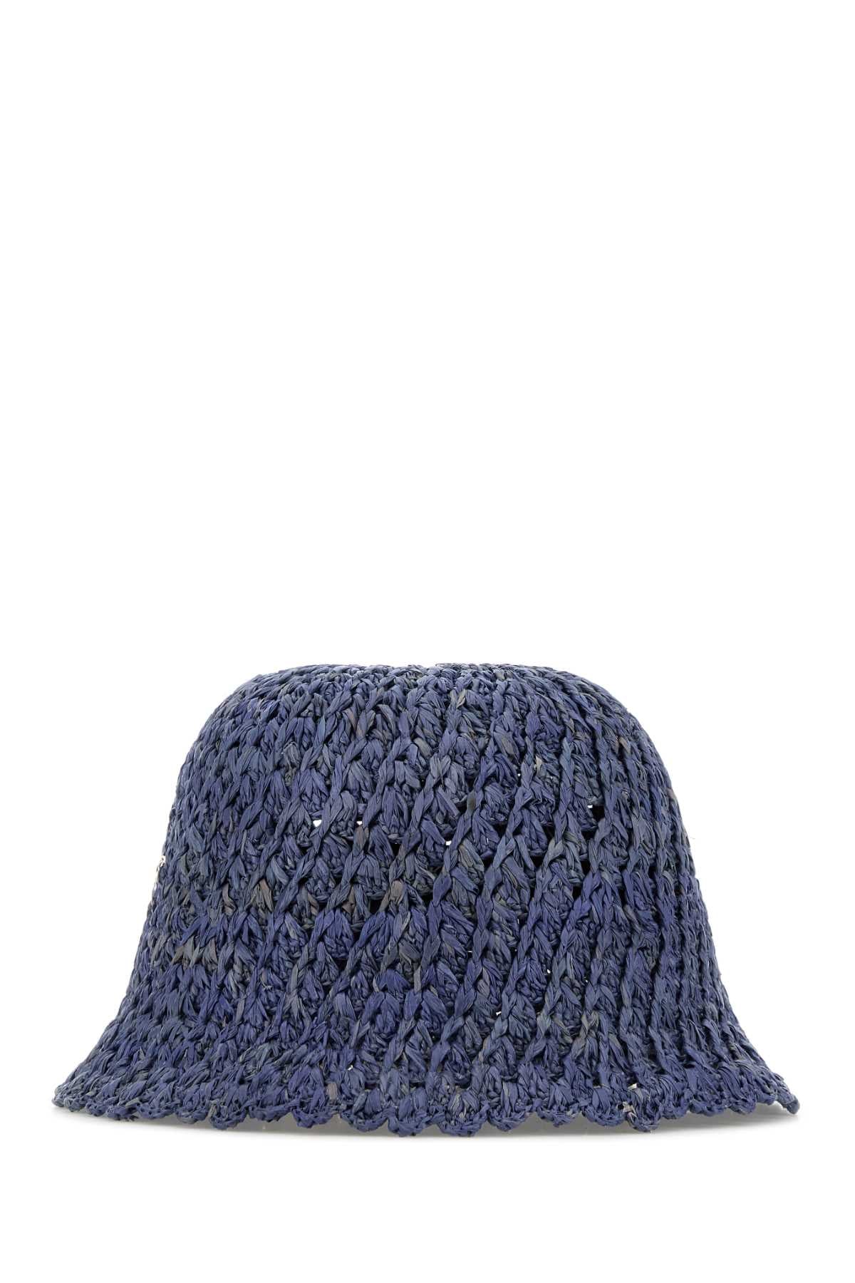Helen Kaminski Rio Crocheted Raffia Bucket Hat — Blue Exterior