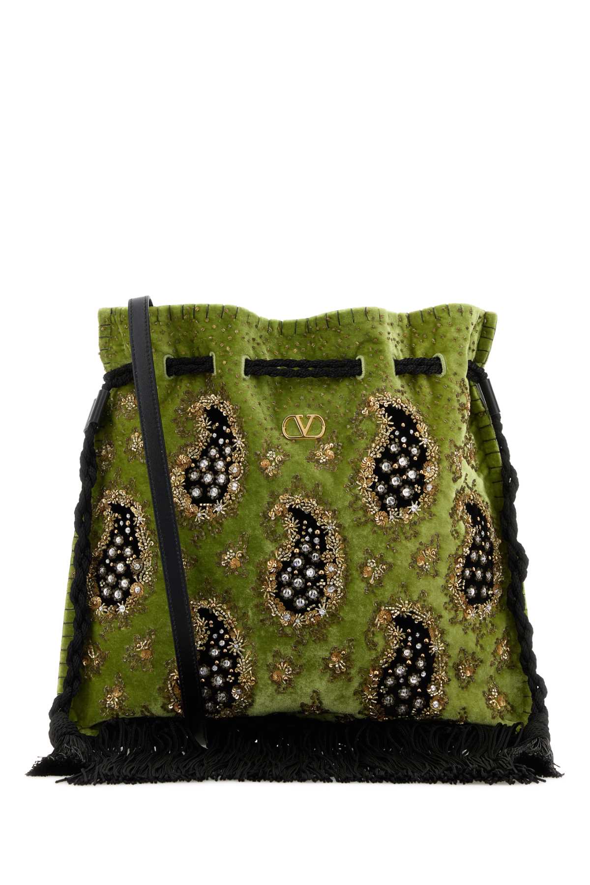 Valentino Garavani Embellished Velvet Bucket Bag — Green