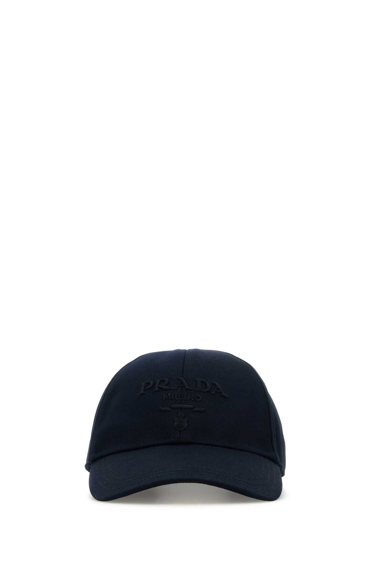 Prada Hat Logo-Embroidered Drill Cotton Baseball Cap — Navy Caps