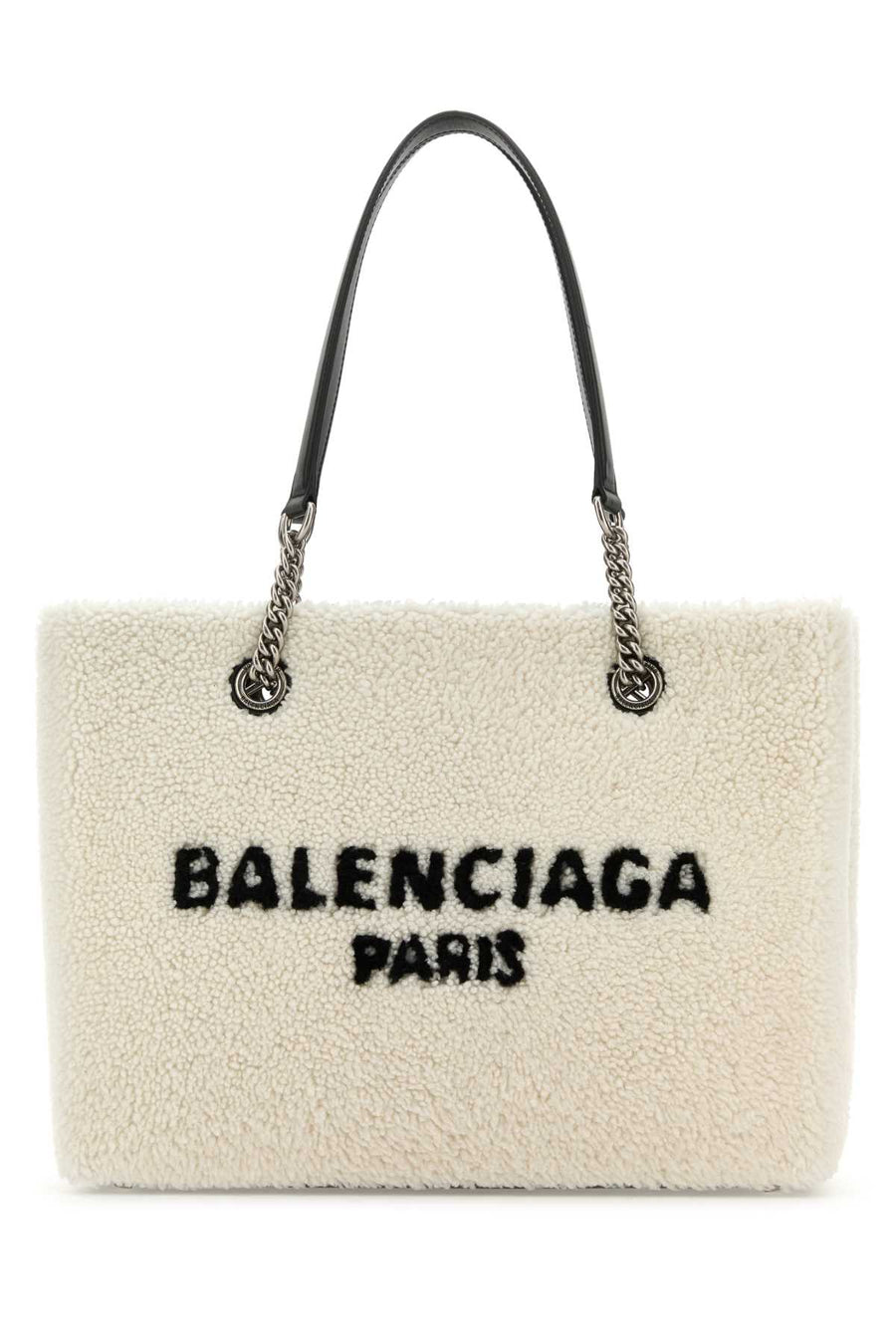 Balenciaga Shearling Logo Tote Bag — White