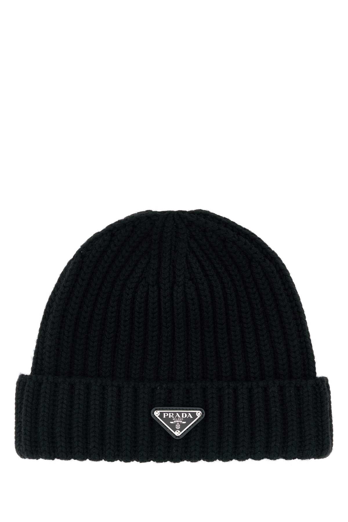 Prada Hat Ribbed Virgin Wool Beanie — Black Exterior: Beanies