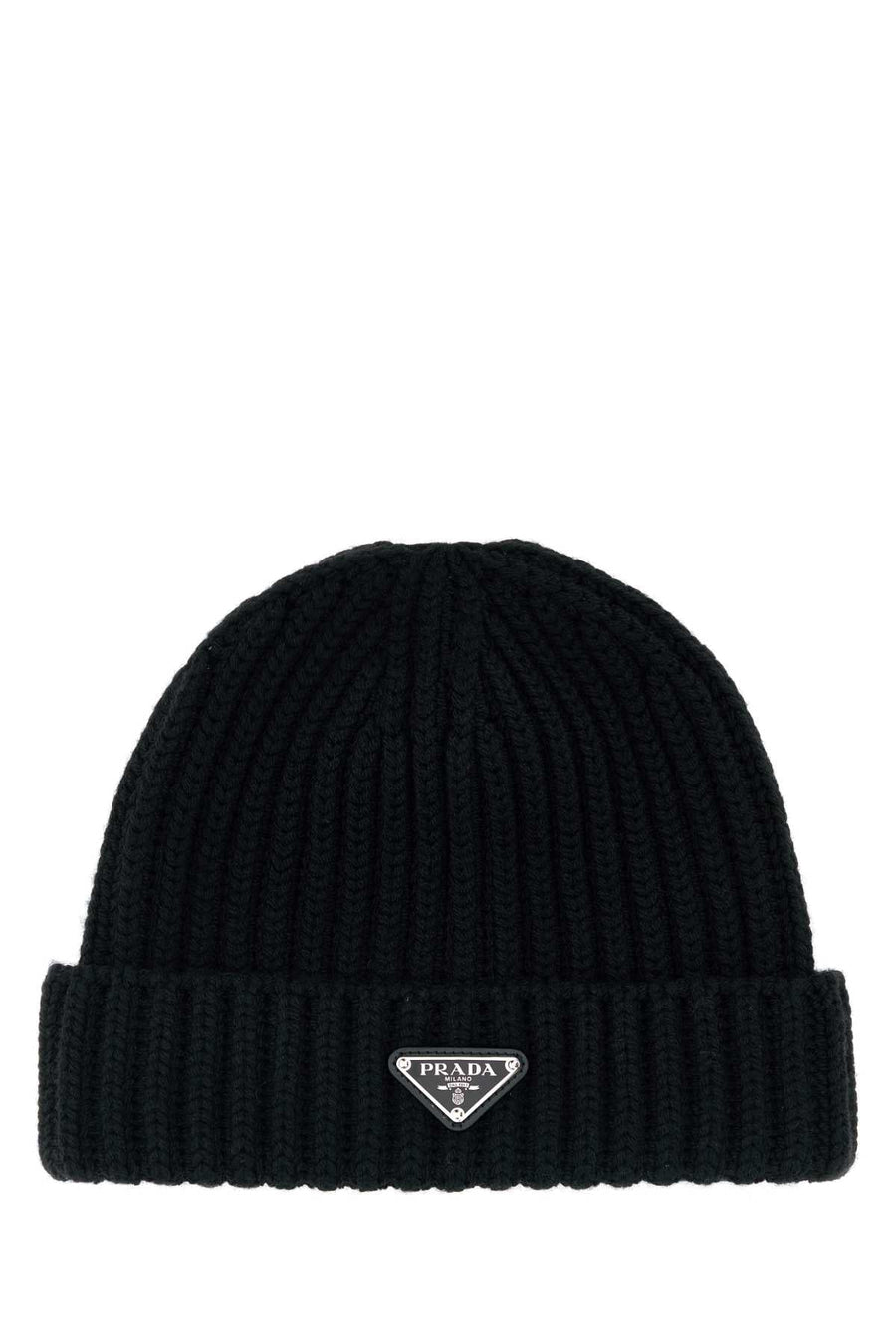 Prada Hat Ribbed Virgin Wool Beanie — Black Exterior: Beanies