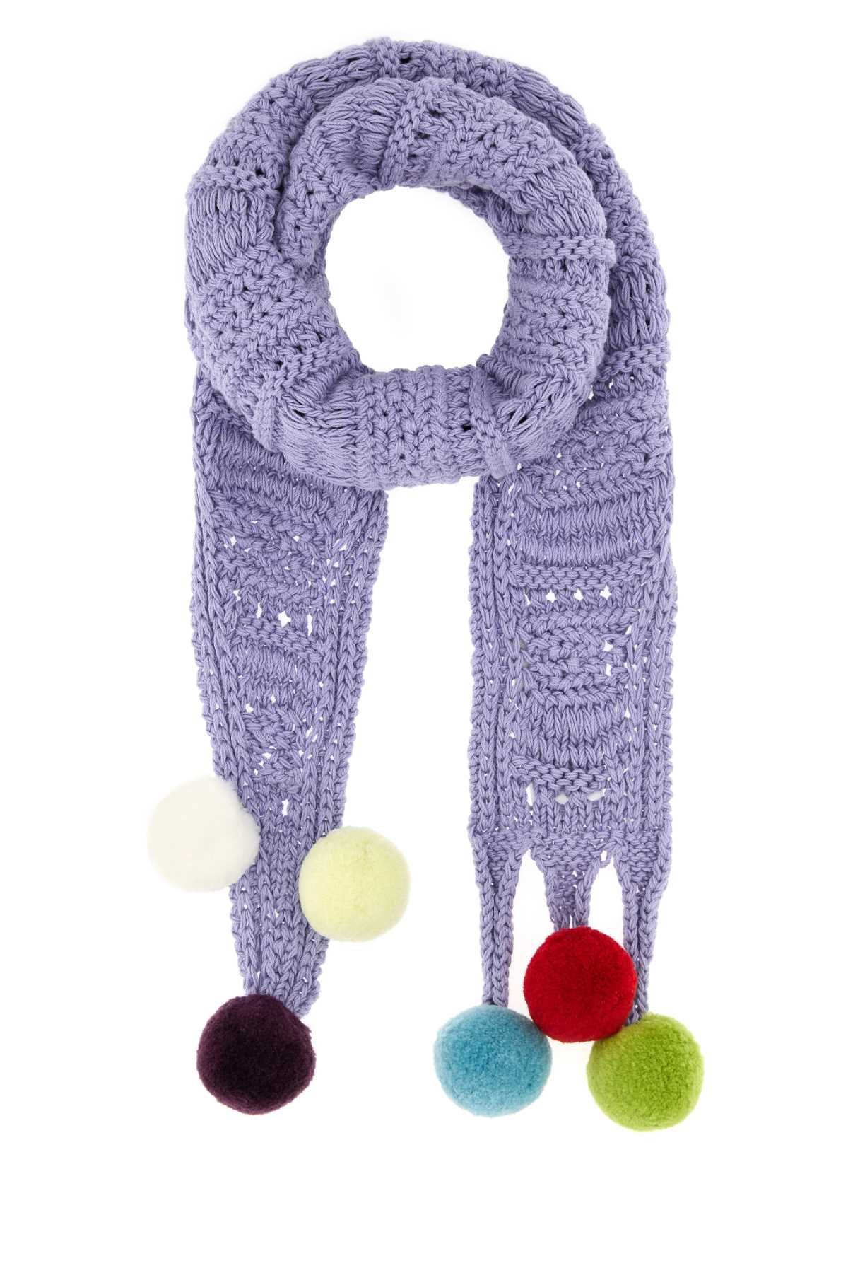 Jw Anderson Cable-Knit Cotton With Pom-Pom Trim Scarf — Purple Exterior: Scarfs