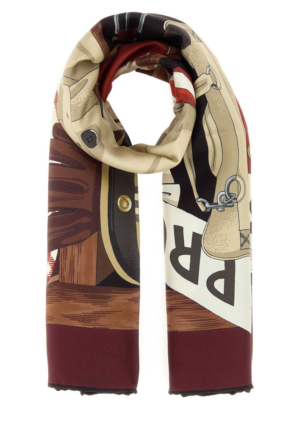 Burberry Equestrian-Print Mulberry Silk Scarf — Burgundy Scarfs