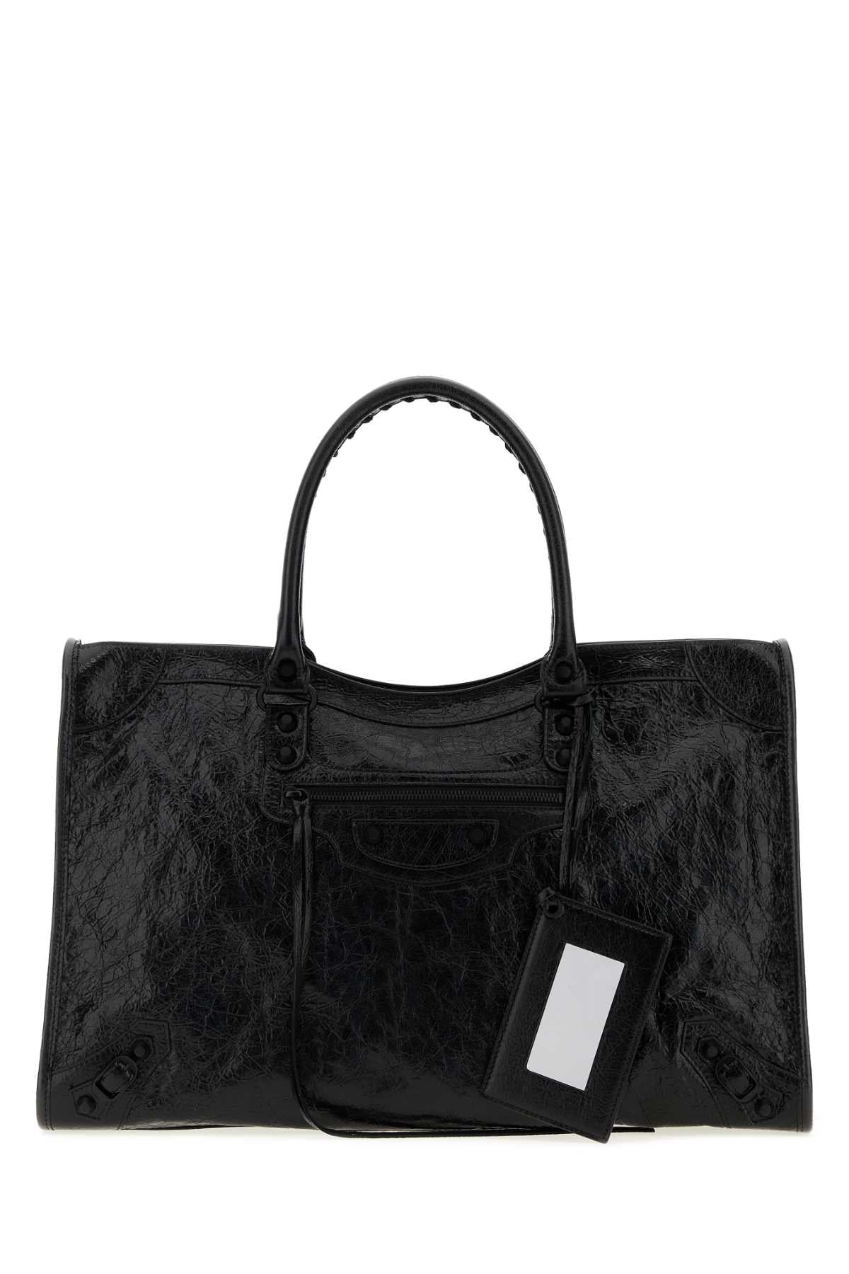 Balenciaga Crackled Lamb Leather Shoulder Bag — Black