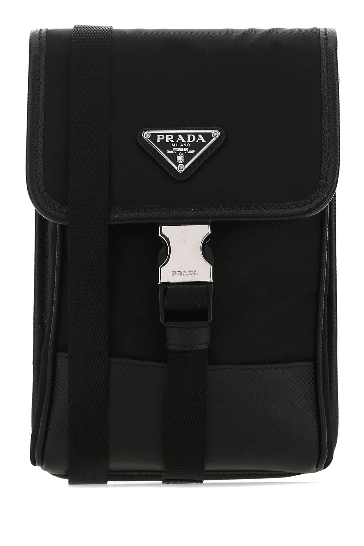 Prada Re-Nylon Shoulder Strap Phone Wallet — Black Poliammidericiclata-vitello