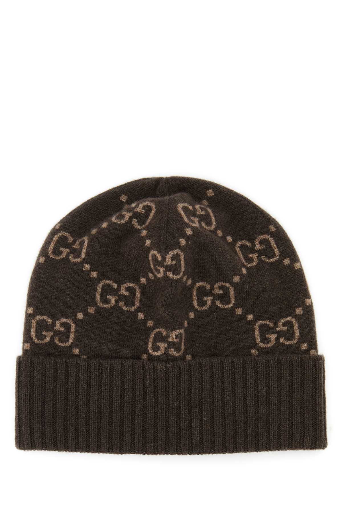 Gucci Hat Logo-Embroidered Cashmere Beanie — Brown Fabric Beanies