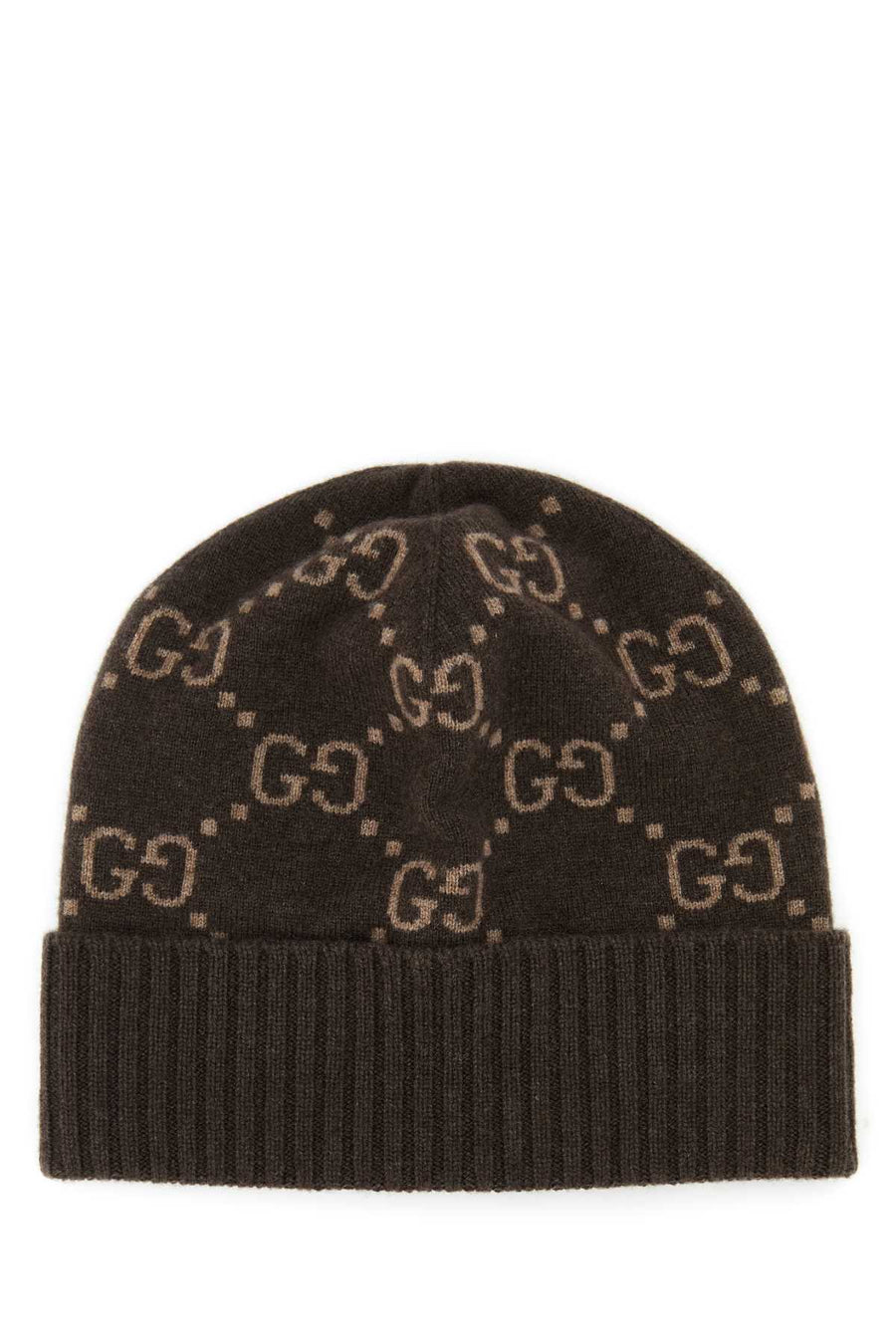 Gucci Hat Logo-Embroidered Cashmere Beanie — Brown Fabric Beanies