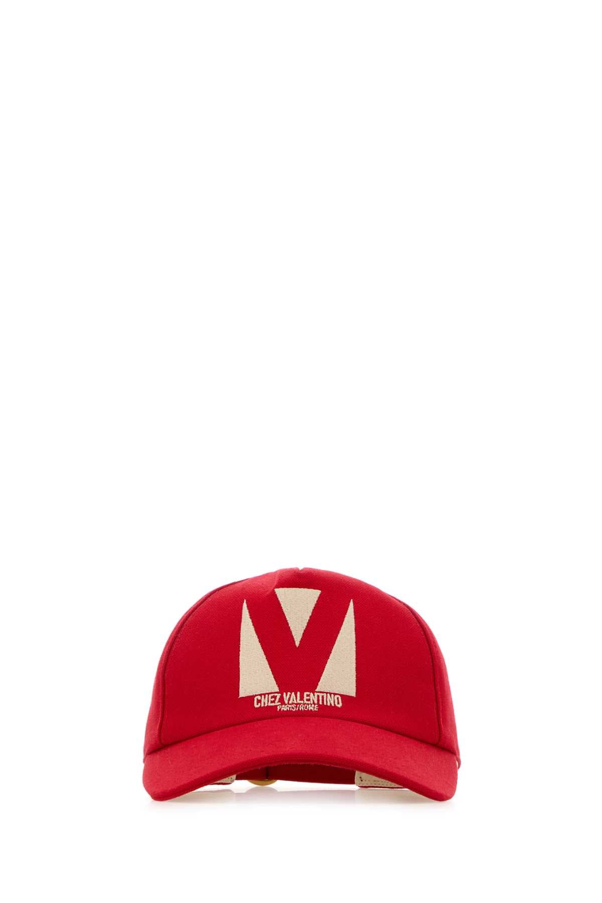 Valentino Garavani Baseball Logo-Embroidered Cotton Cap — Red Caps