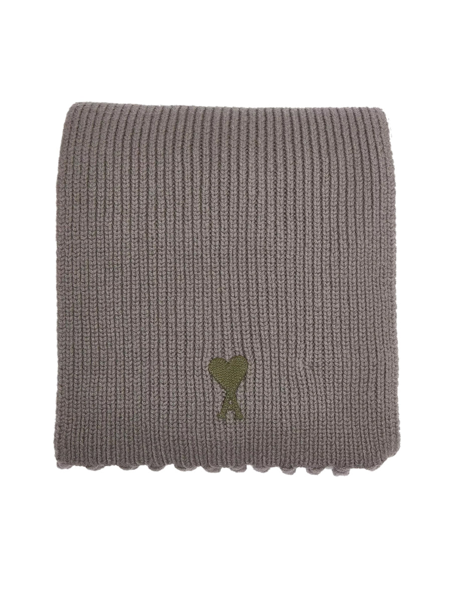 Ami Paris Logo-Embroidered Virgin Wool Scarf — Gray Scarfs