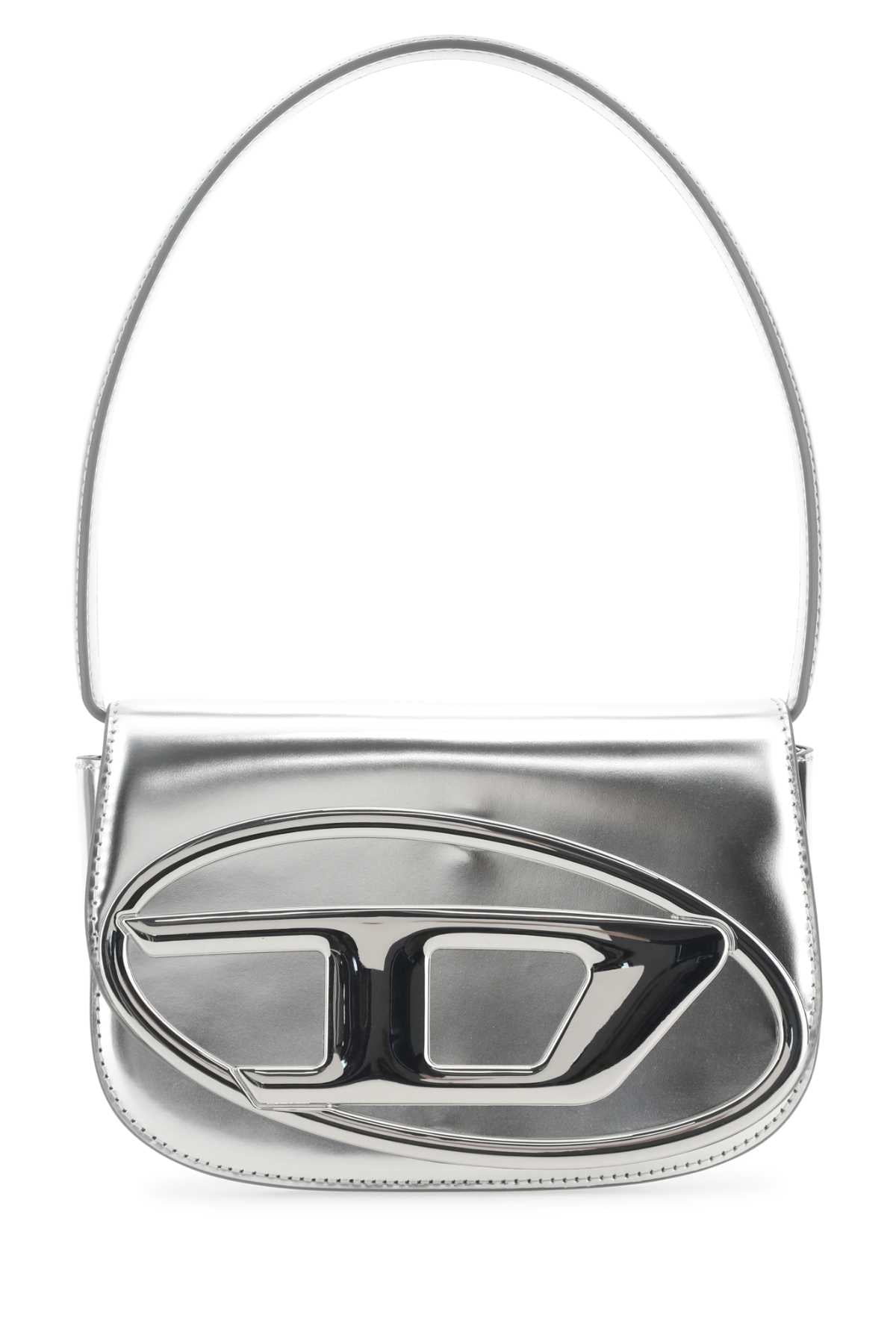 Diesel Metallic Leather With Sculptural Hardware Shoulder Bag — Silver Pmu