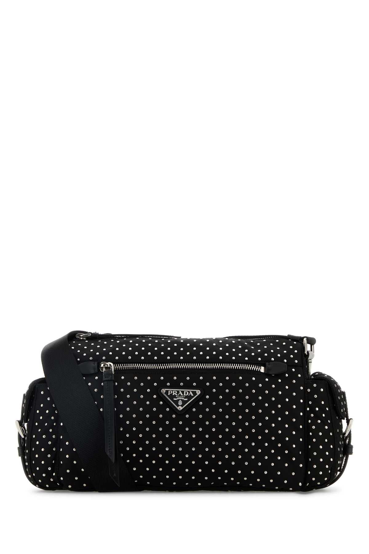 Prada Studded Nylon Shoulder Bag — Black