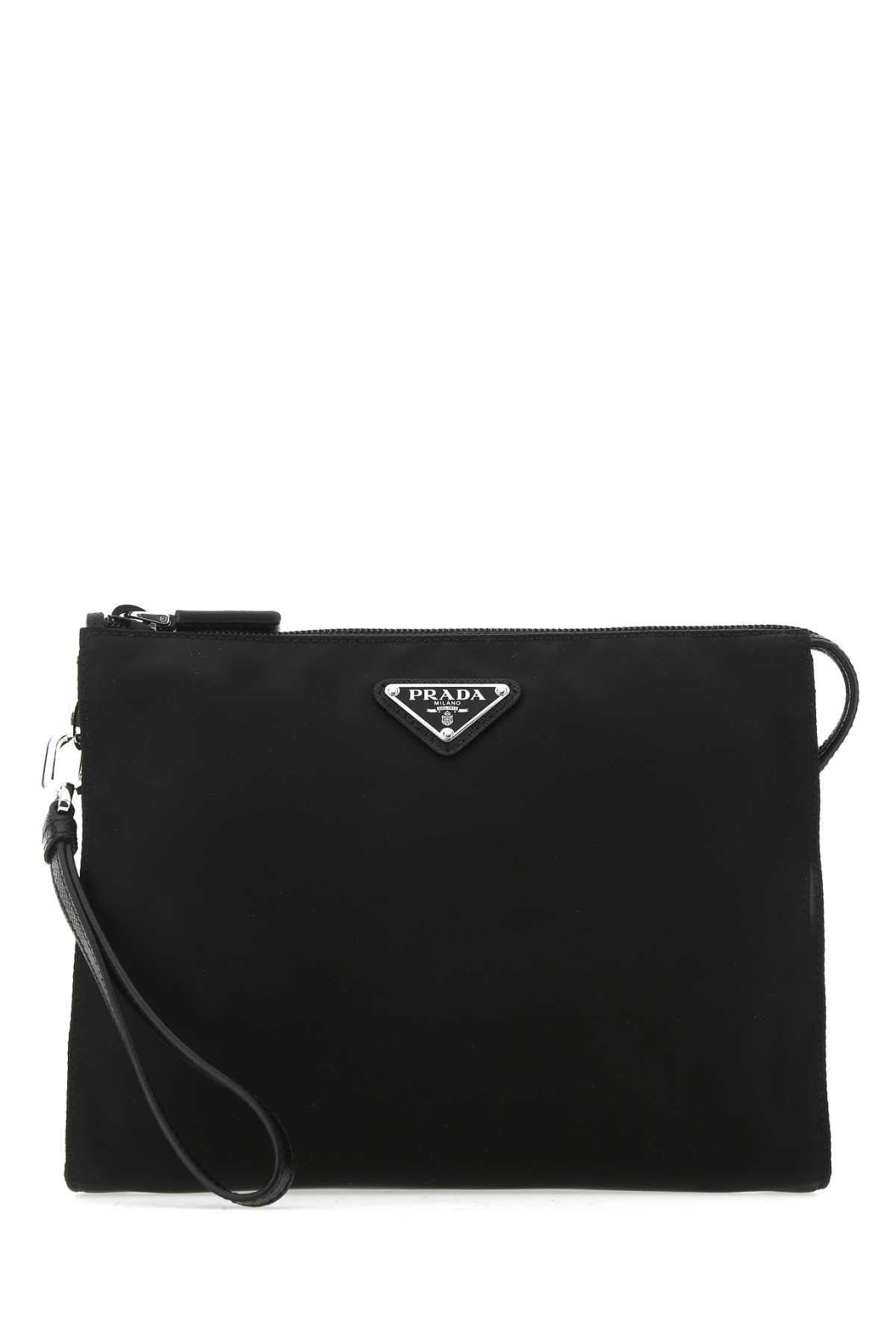 Prada Re-Nylon And Calfskin Clutch — Black Poliammidericiclata-vitello