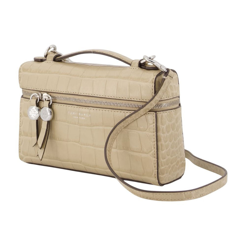 Tory Burch Crocodile-Embossed Calfskin Top Handle Bag — Beige