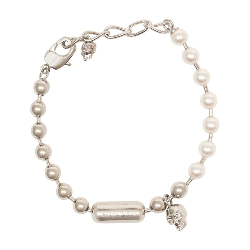 Alexander Mcqueen Skull Pearl Bracelet — Silver Metal Bracelets