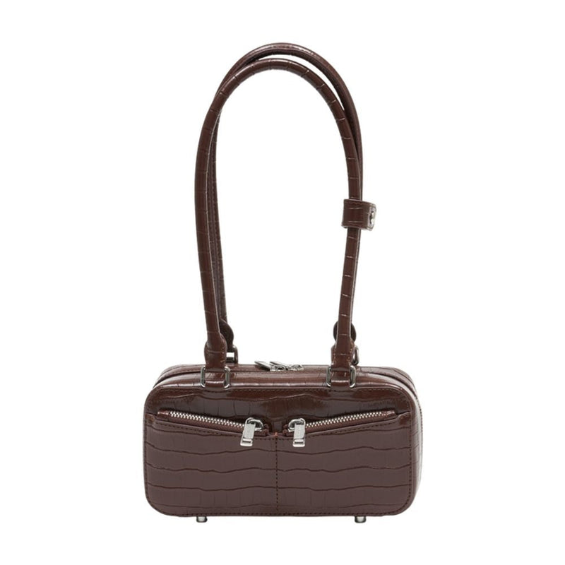 Self-Portrait Crocodile-Embossed Leather Shoulder Bag — Brown