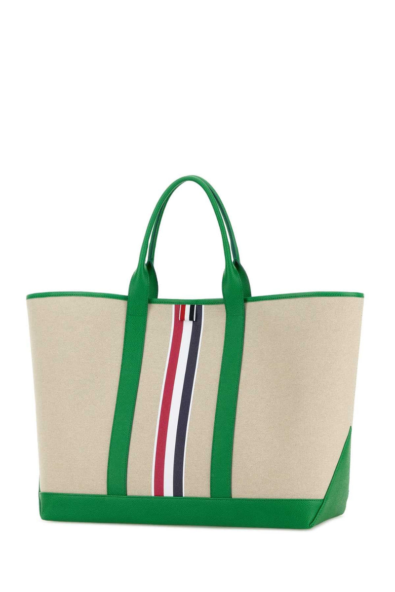 Thom Browne Canvas With Striped Detail Tote Bag — Green