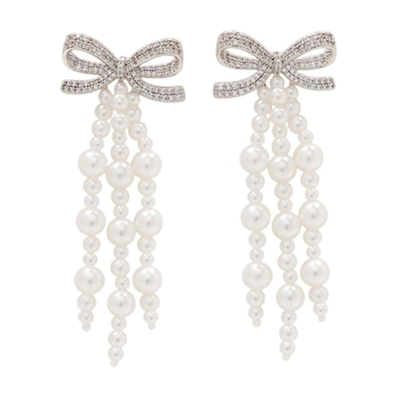 Self-Portrait Bow Pearl Waterfall Earrings — White Synthetic
