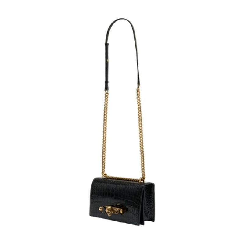 Alexander Mcqueen Crocodile-Embossed Calfskin Crossbody Bag — Black