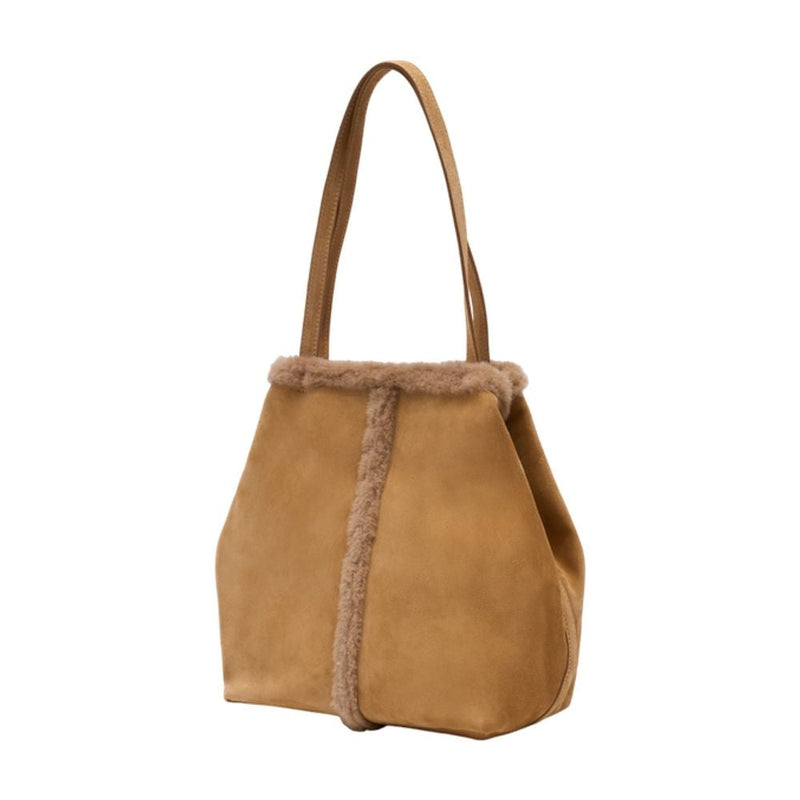 Vanessa Bruno Shearling-Trimmed Calfskin Tote Bag — Brown