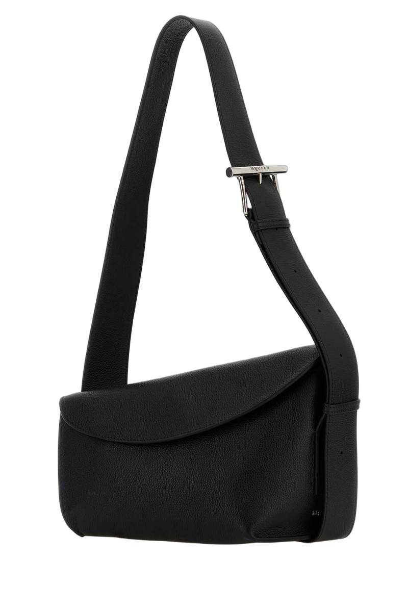 Alexander Mcqueen Curved Calf Leather Shoulder Bag — Black