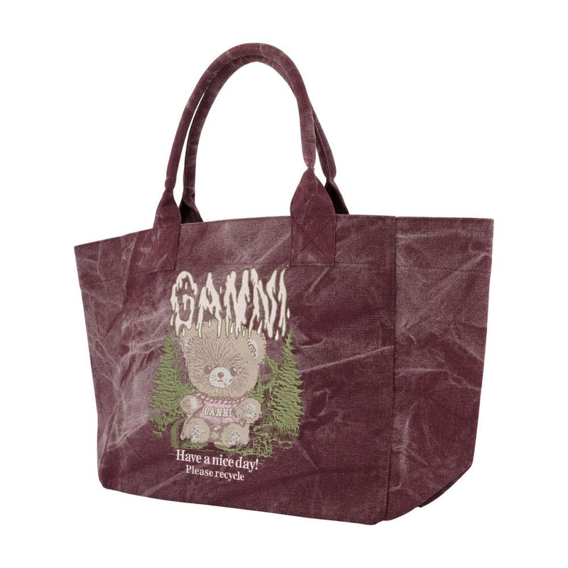 Ganni Printed Cotton Tote Bag — Burgundy