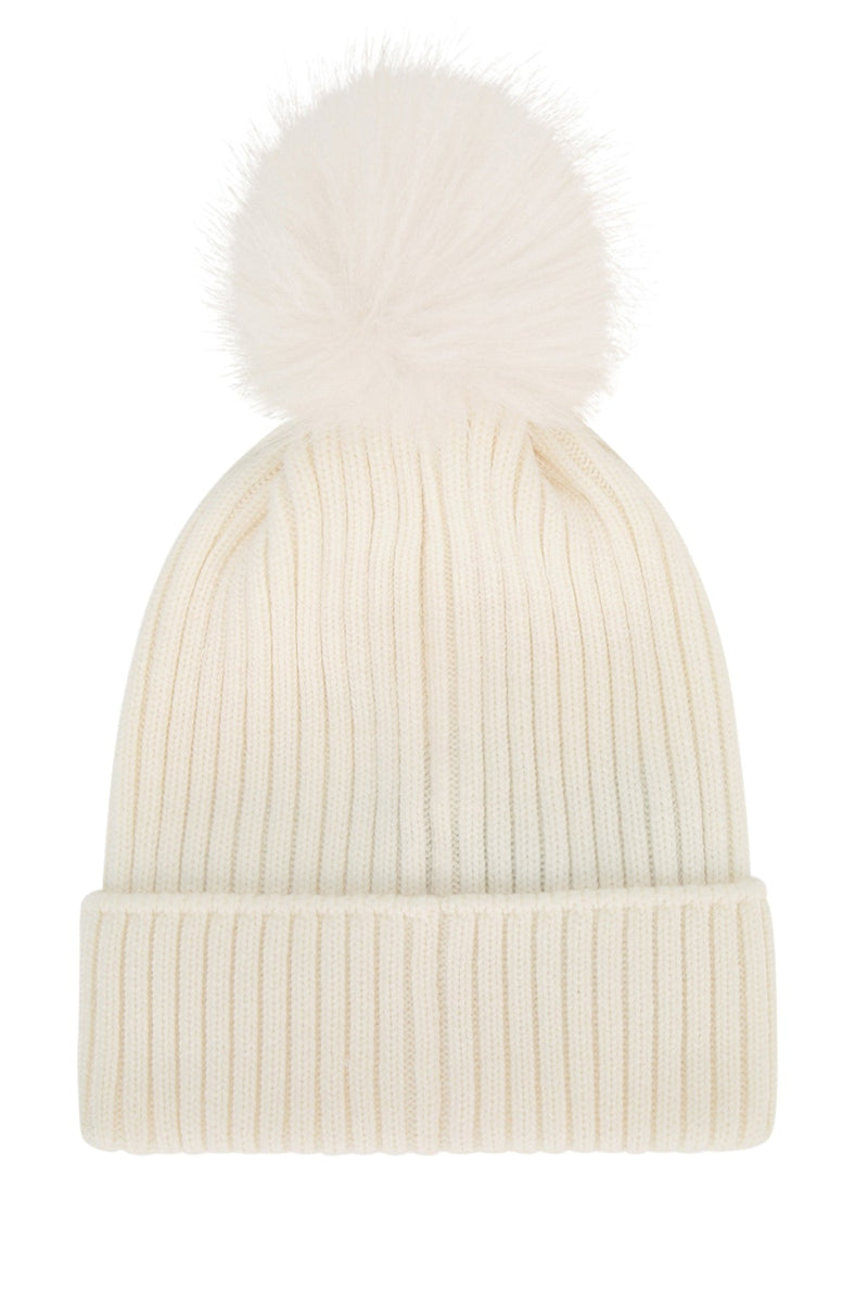 Moncler Jr Hat Ribbed Knit With Fur Pom Beanie — Cream Mixed Fibres Beanies