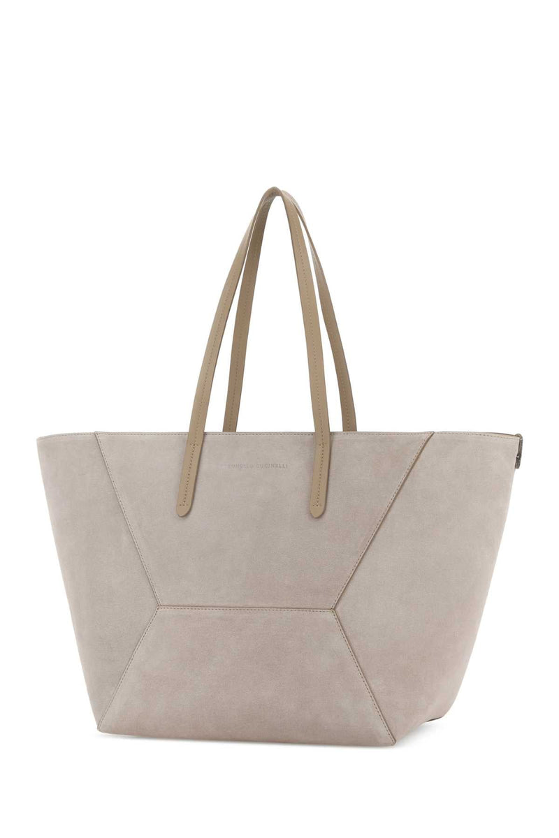 Brunello Cucinelli Suede Trapeze Tote Bag — Beige