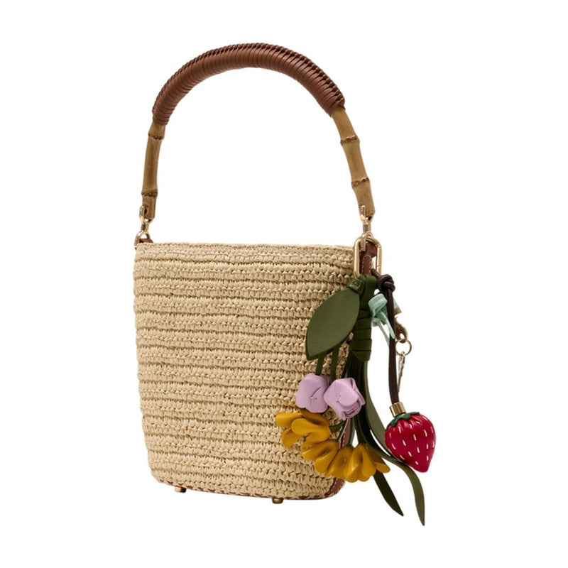 Self-Portrait Charm-Adorned Raffia Bucket Bag — Beige