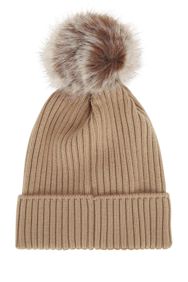 Moncler Jr Hat Ribbed Cotton With Fur Pom-Pom Winter — Beige