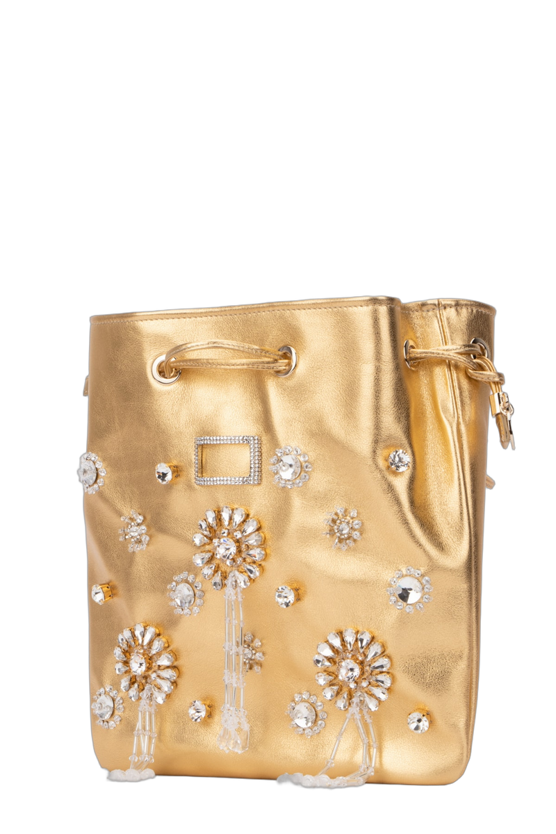 Roger Vivier Crystal-Embellished Leather Shoulder Bag — Gold Metallic