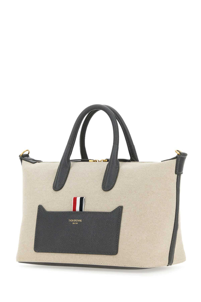 Thom Browne Canvas And Leather Colorblock Tote Bag — Beige
