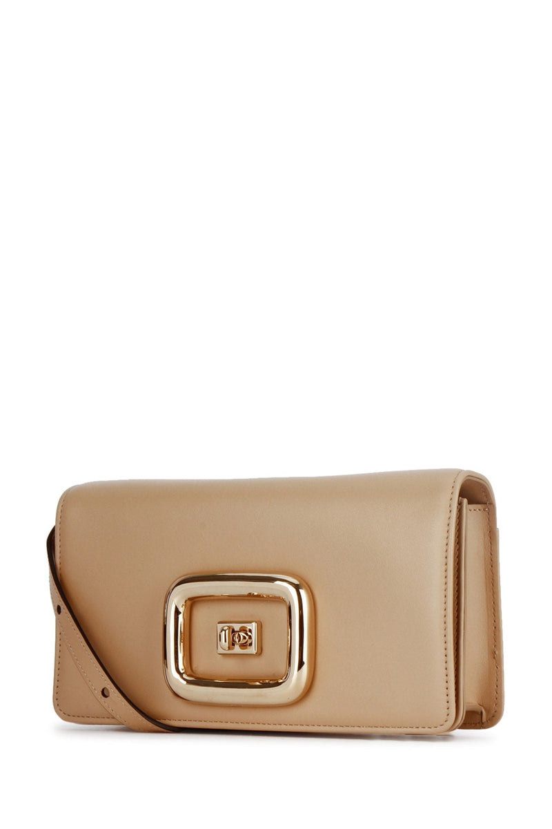 Roger Vivier Leather Turnlock Clutch — Beige