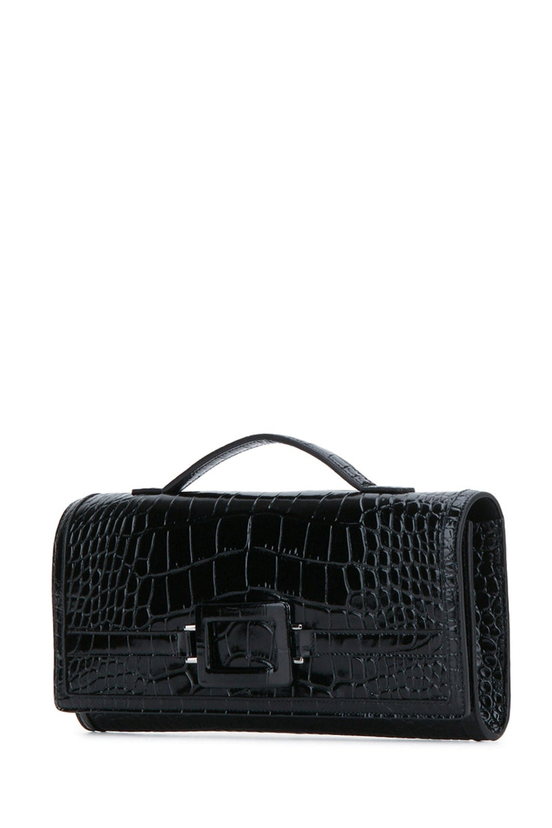 Roger Vivier Crocodile-Embossed Clutch — Black Leather