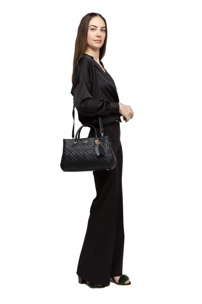 Guess Sally Triple Comp Shoulder Bag — Black Polyurethane