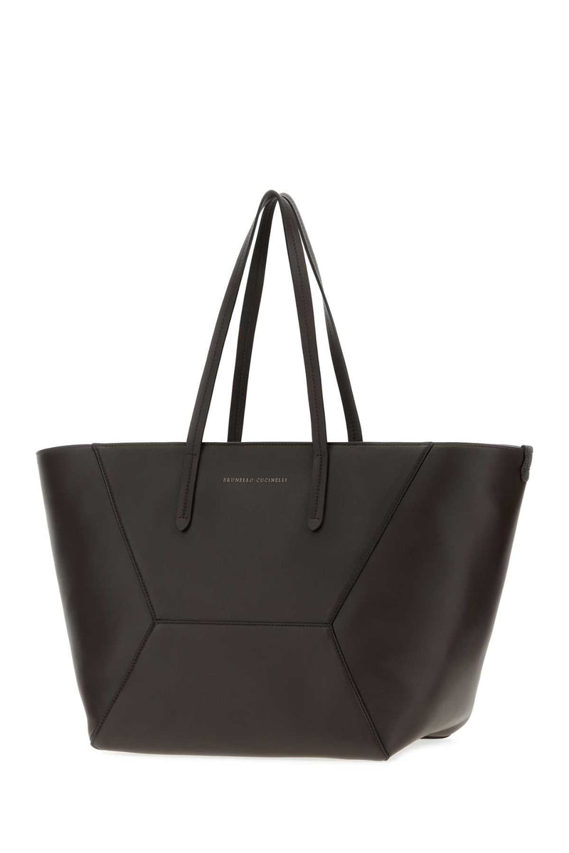 Brunello Cucinelli Geometric Paneled Calf Leather Tote Bag — Brown