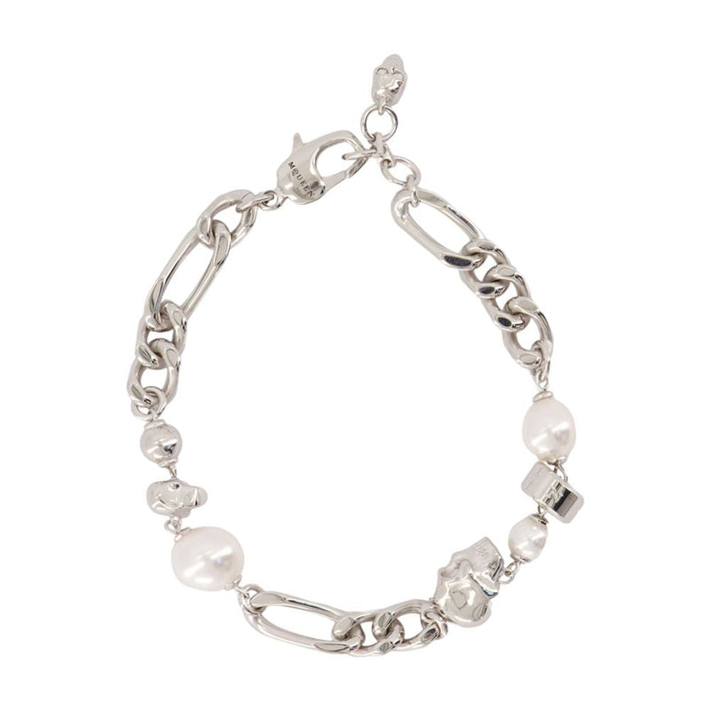 Alexander Mcqueen Pearl & Skull Chain Bracelet — Silver Metal Bracelets