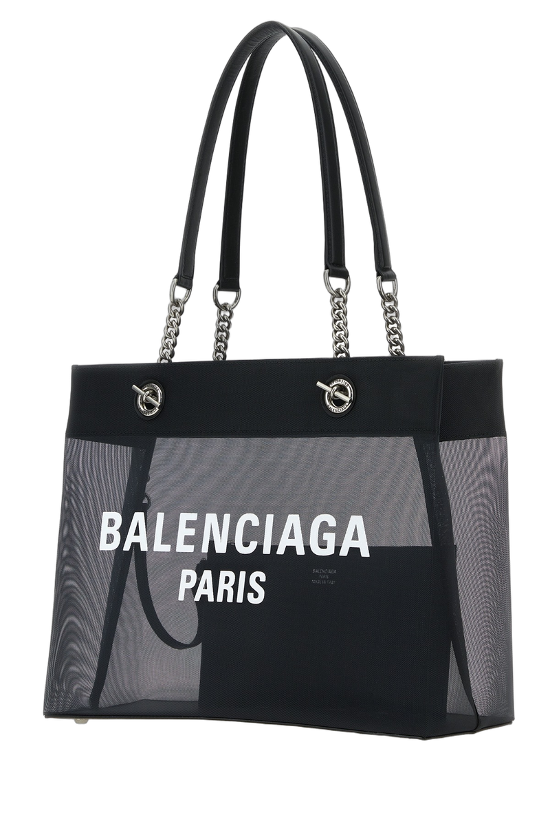 Balenciaga Logo-Print Mesh-Panel Shoulder Bag — Black Nylon