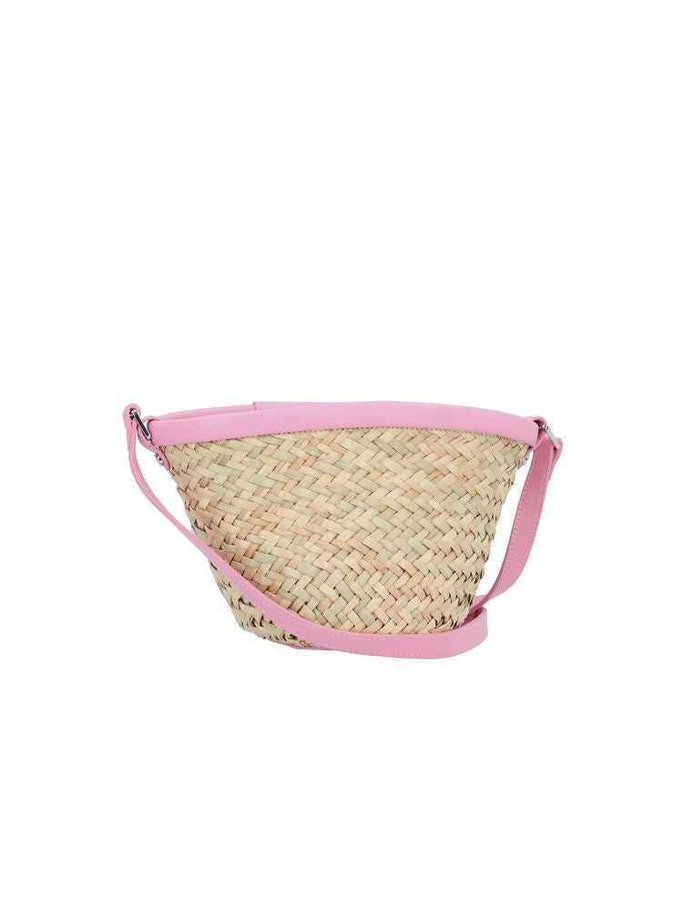 Pinko Straw & Leather Shoulder Bag — Pink Cowhide