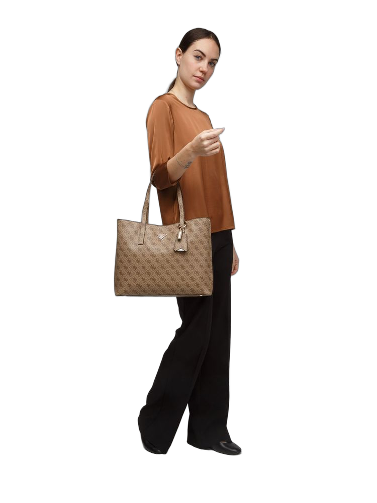 Guess Logo Monogram Polyurethane Tote Bag — Beige