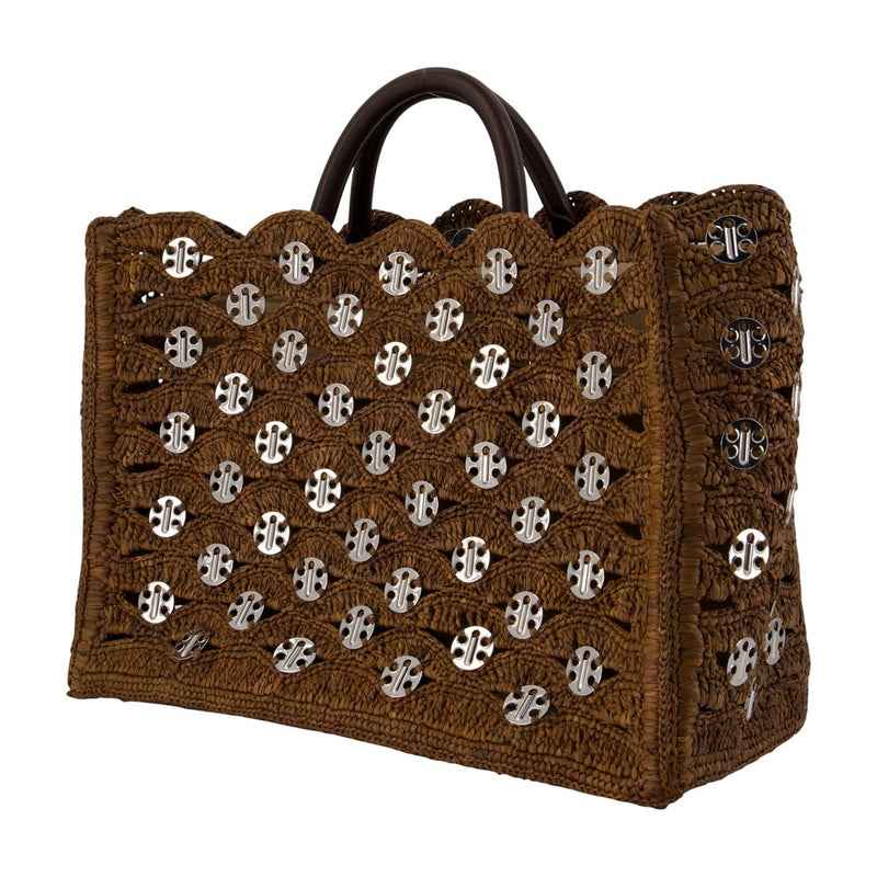 Rabanne Logo-Embroidered Raffia Tote Bag — Brown